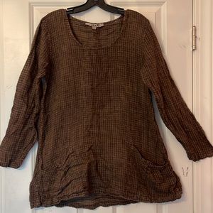 FLAX Black & Brown striped 100% gauzey linen Tunic S